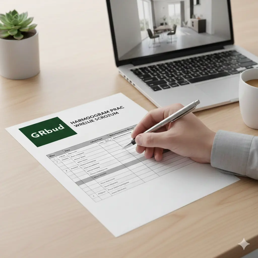 Folder firmy GRbud z napisem 'Twój partner w budownictwie i remontach' na czarnym biurku obok laptopa i kabla.