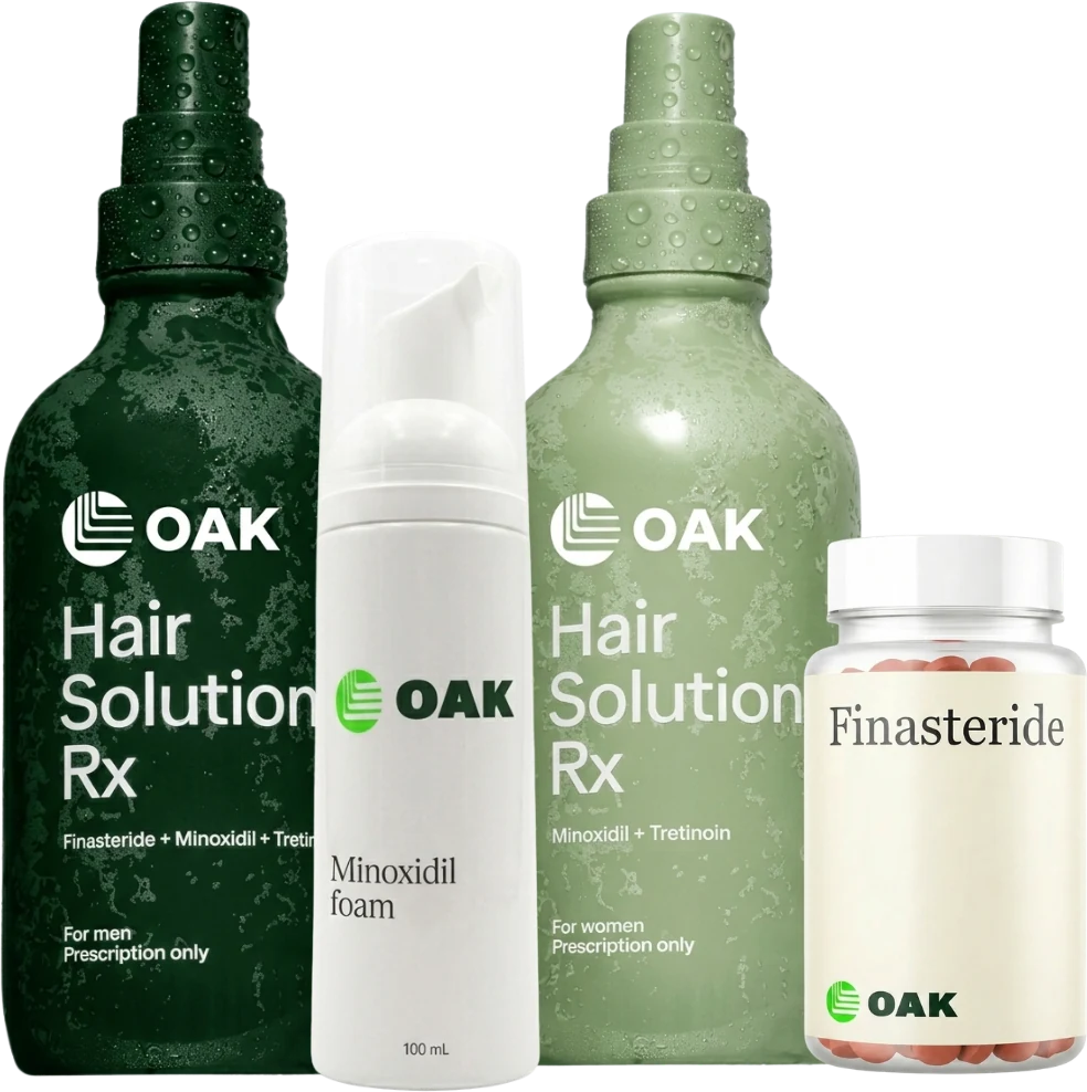 Oak hair loss treatments: Hair Solution Rx for men and women, minoxidil foam and finasteride