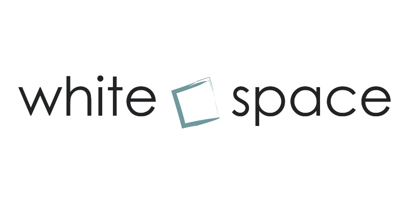 Logo with the text 'white space' and a tilted blue square between the words.