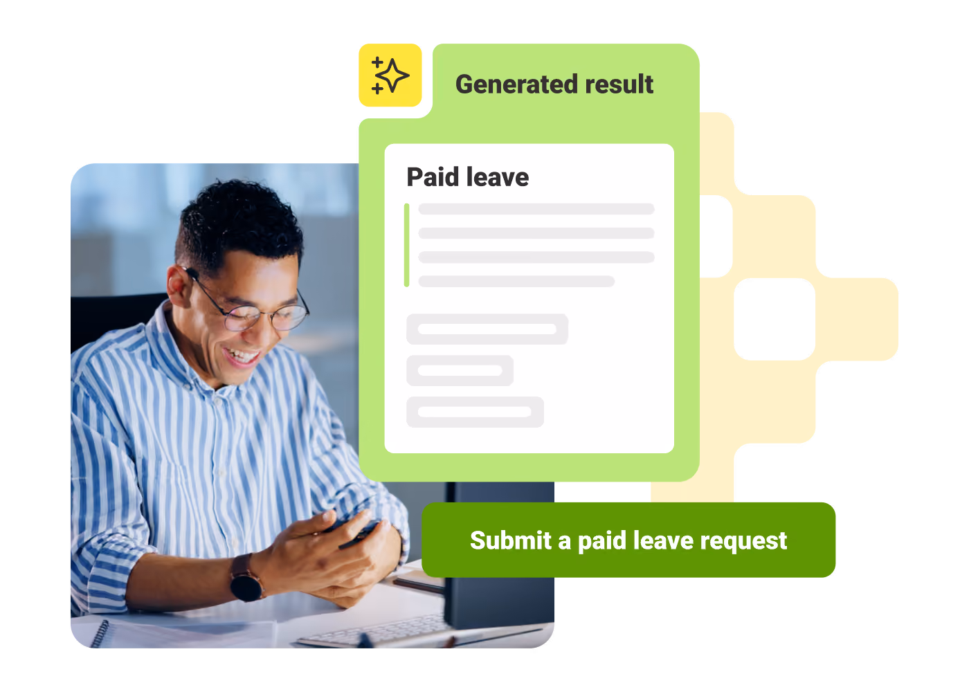 Man smiling and looking at phone beside a digital form titled Paid leave with a submit button.