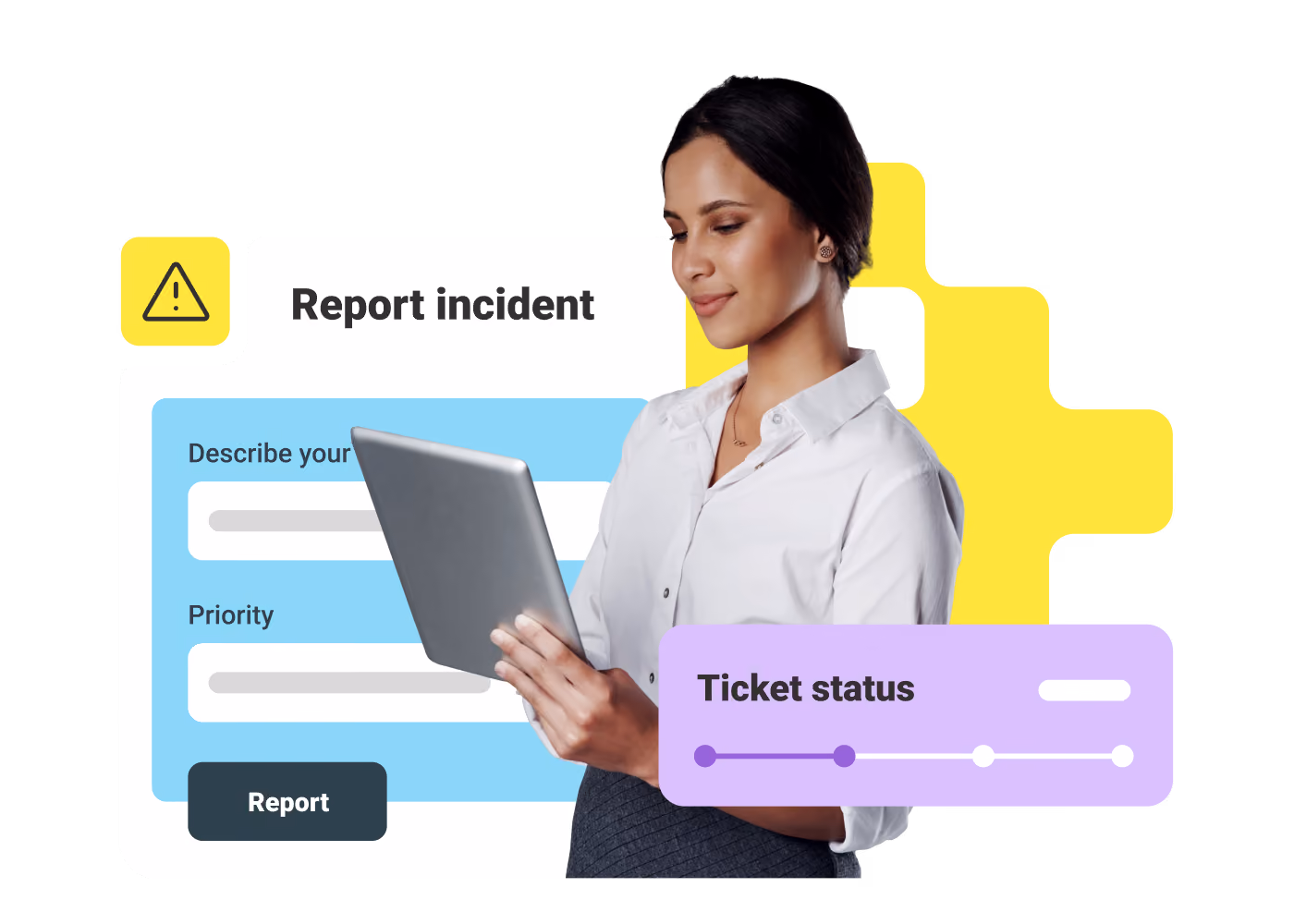 Woman using tablet with digital forms for reporting incidents and tracking ticket status.