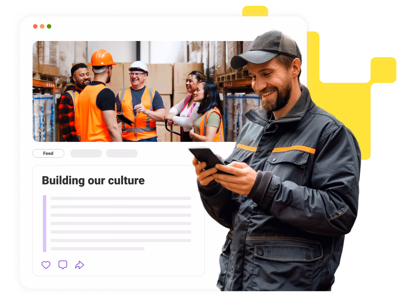 Man in work jacket and cap smiling while using smartphone with warehouse team in orange safety vests.