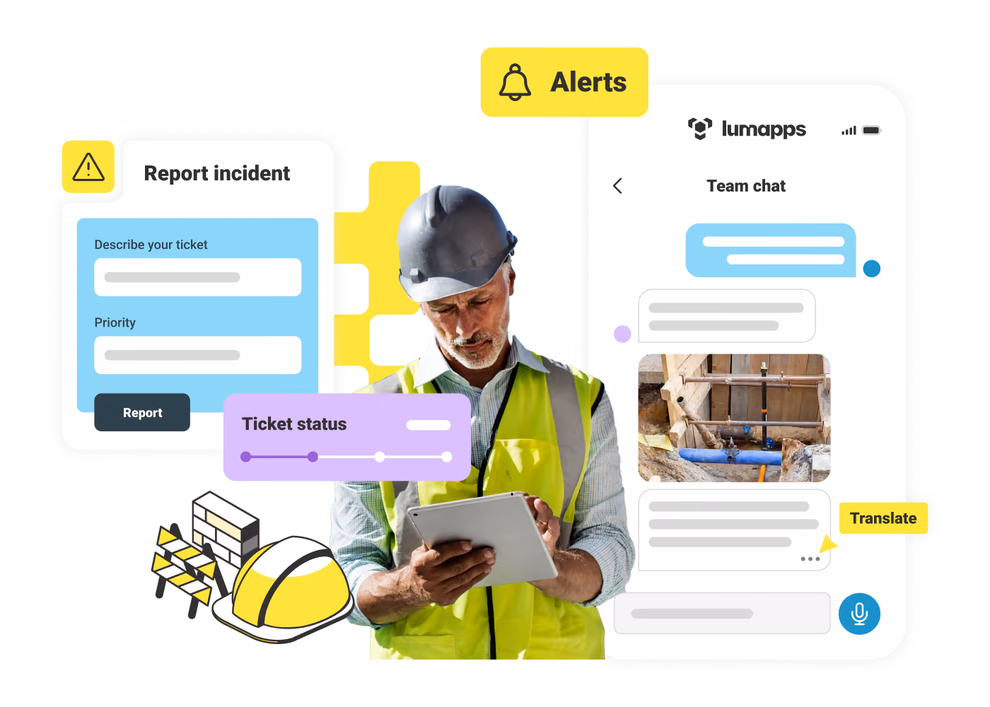 Construction worker in helmet and vest using tablet with incident report, ticket status, and team chat overlays.