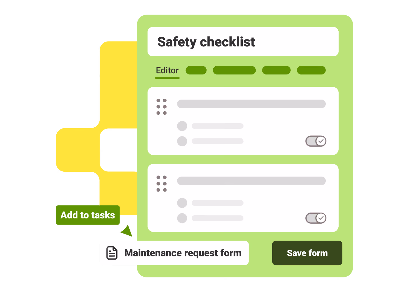 Digital safety checklist form with tasks toggled on and buttons for adding and saving the form.