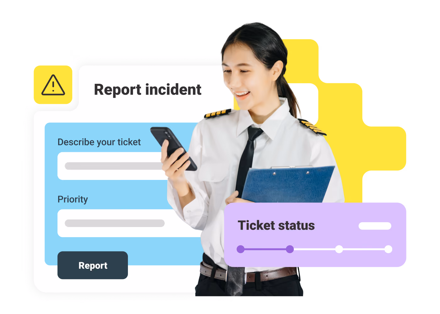 Smiling female pilot holding phone and clipboard with incident report and ticket status graphics.
