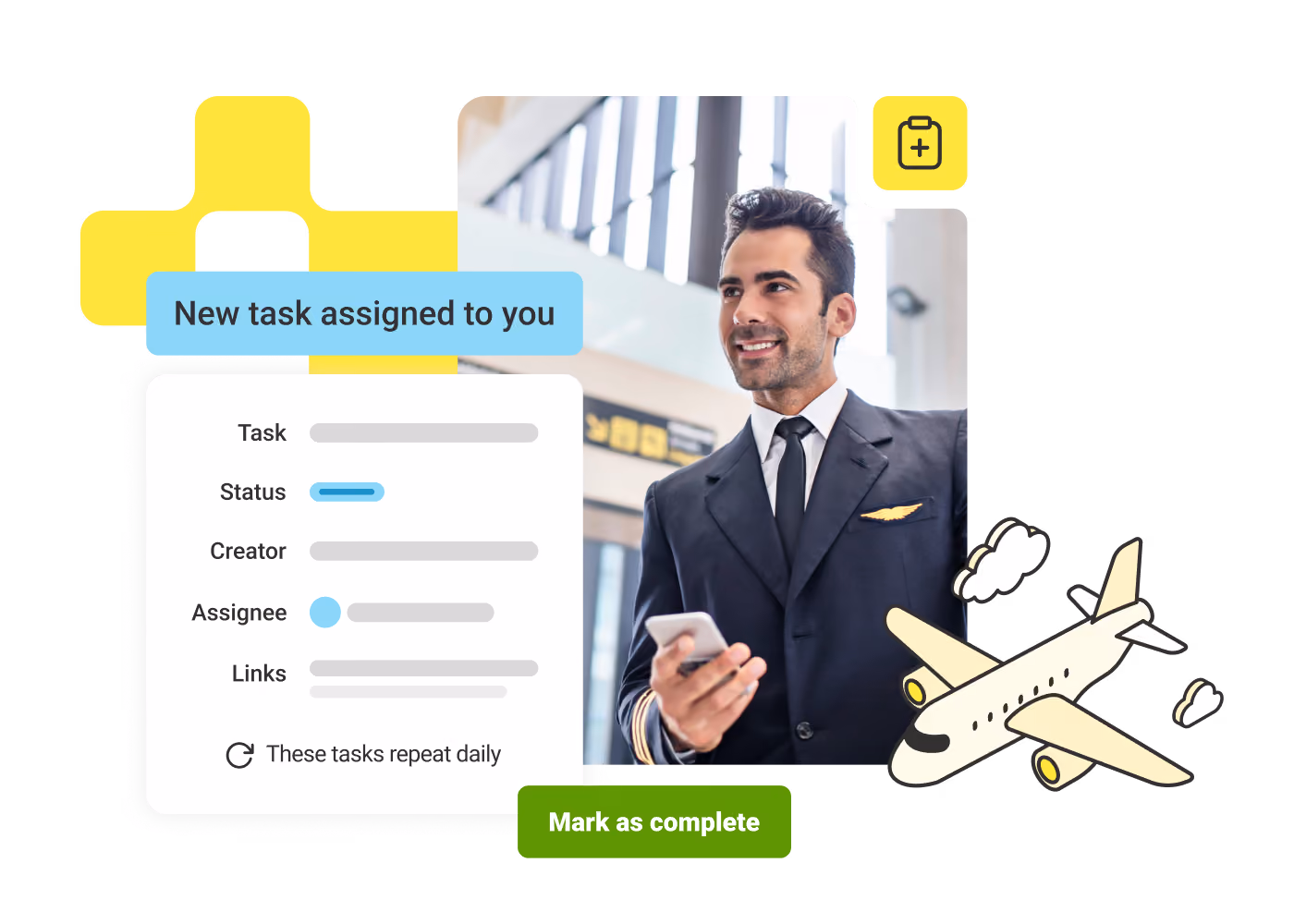 Smiling airline pilot holding phone with task assignment notification and airplane illustration.