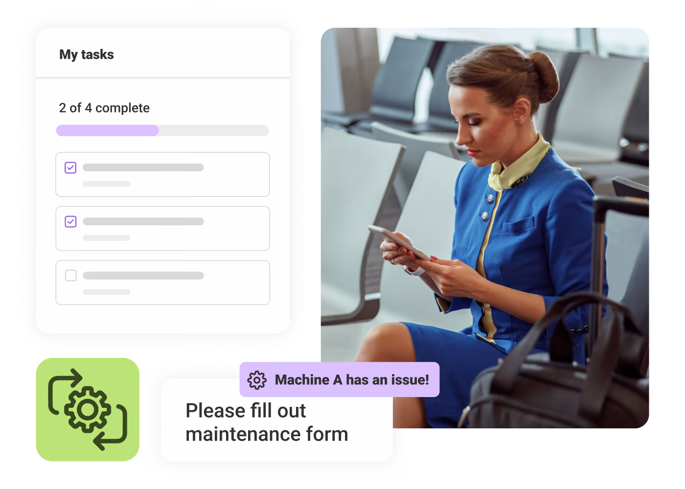 Flight attendant in blue uniform checking phone at airport with task list and maintenance alert overlays.