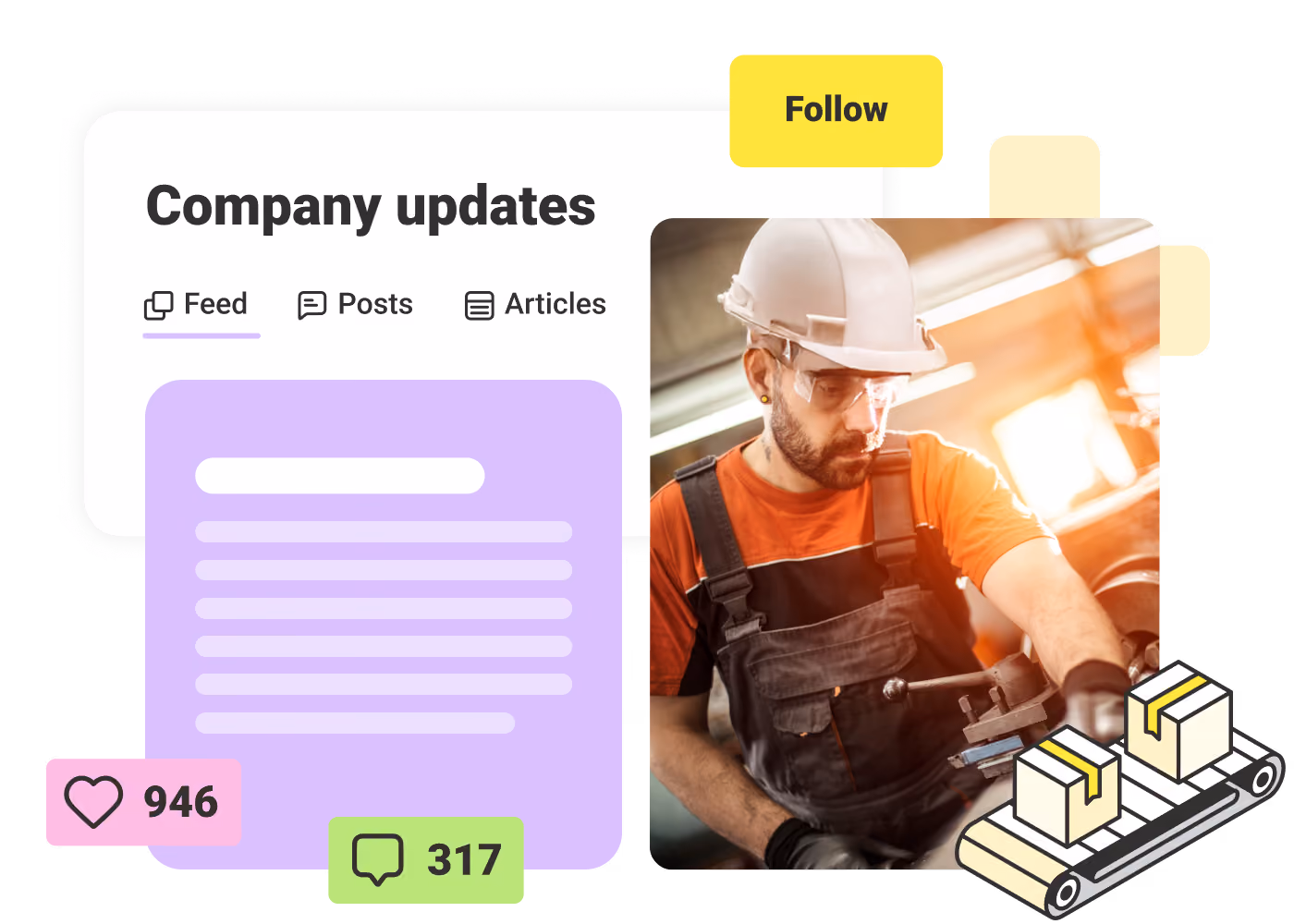 Factory worker in safety gear operating machinery with company updates and social engagement icons overlay.
