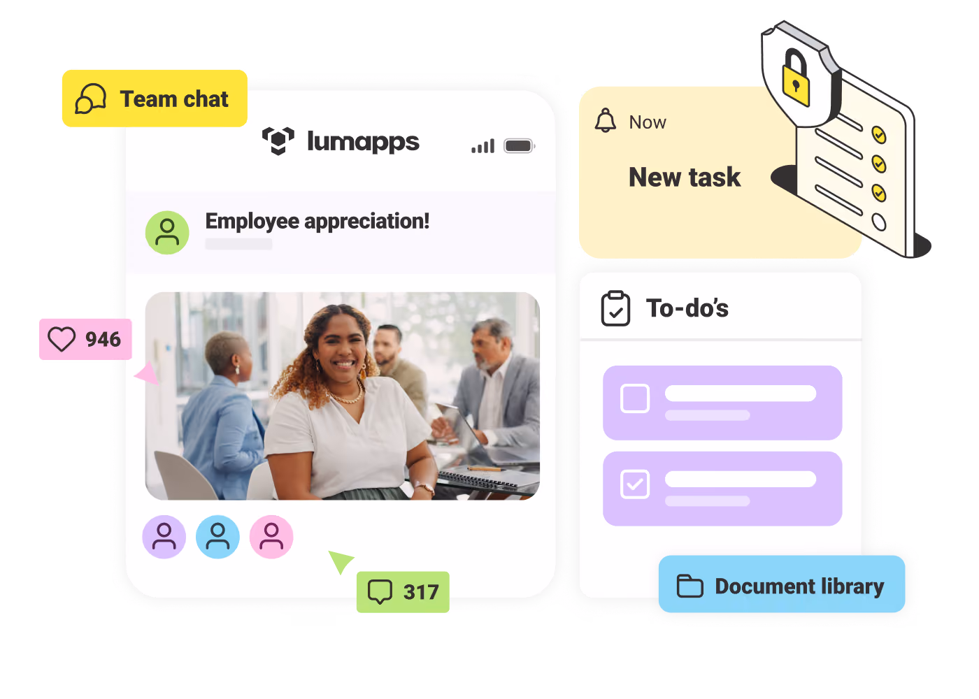 Collage showing team chat, employee appreciation photo, to-dos, new task alert, and document library icons.