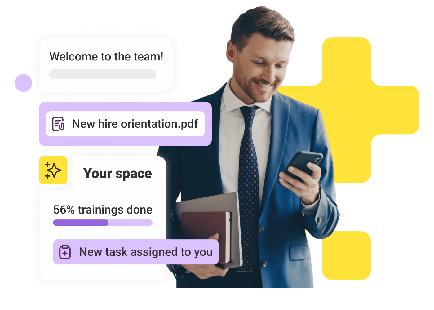 Smiling man in blue suit holding a phone and documents with new hire onboarding tasks displayed.