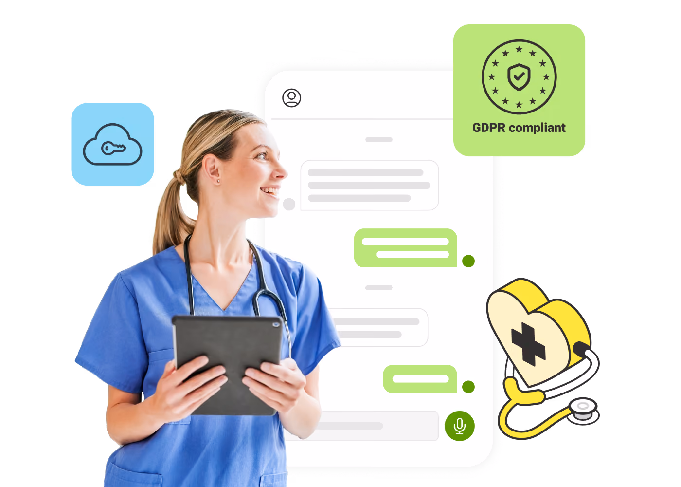 Smiling healthcare worker in blue scrubs holding a tablet with chat bubbles and GDPR compliance icons.