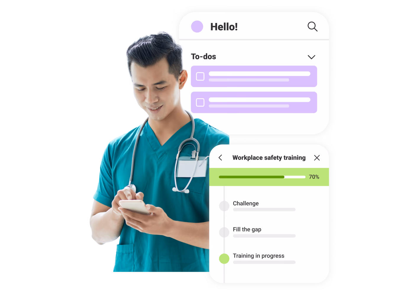 Healthcare worker in scrubs using phone with to-do list and workplace safety training app screens.