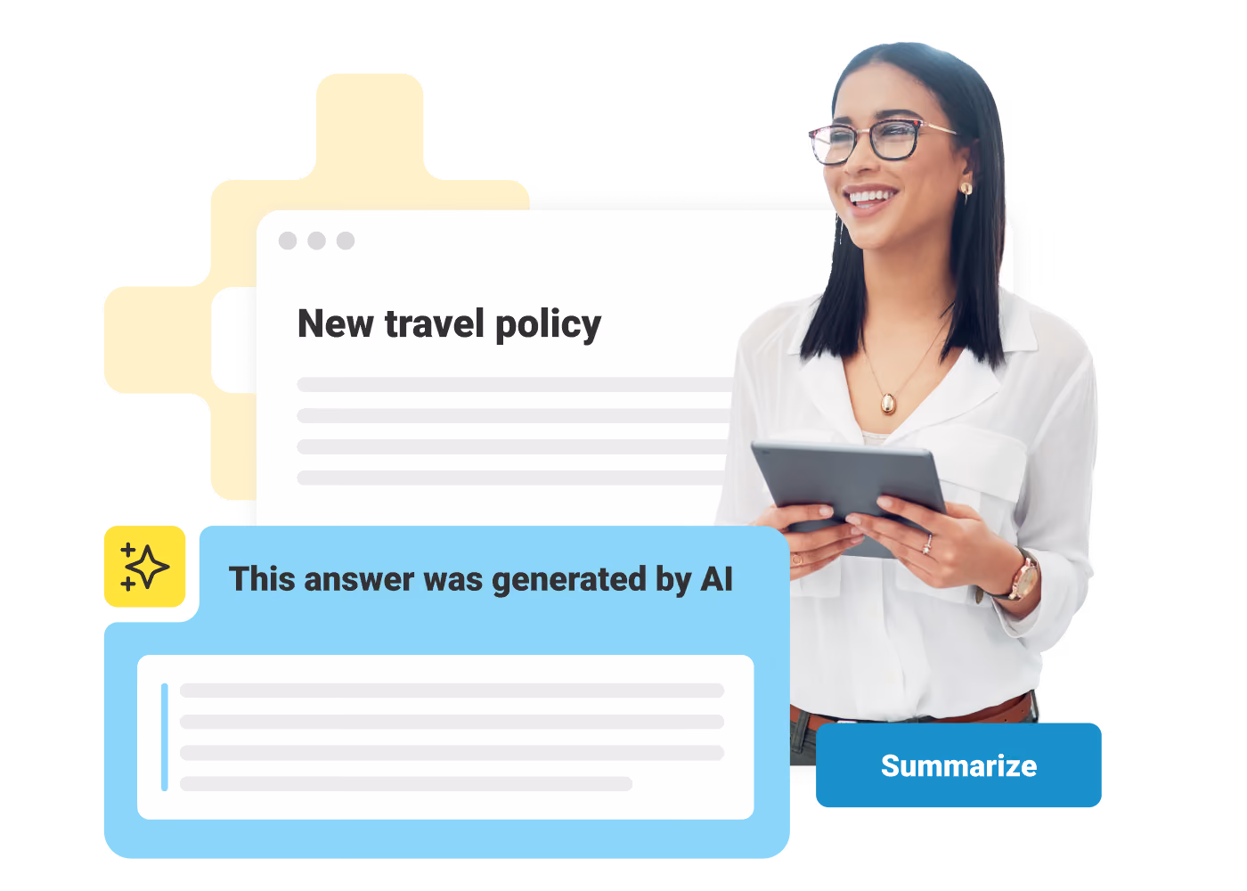 Smiling woman holding tablet next to text about new travel policy and AI-generated answer with summarize button.