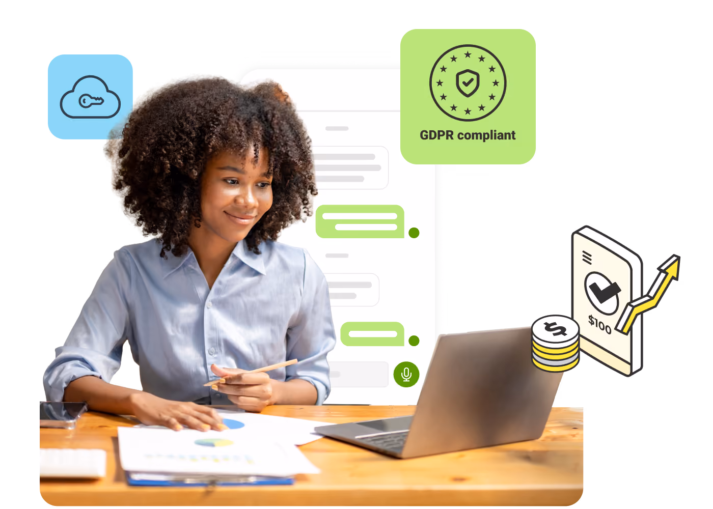 Woman working at desk with laptop, charts, and icons for cloud security, GDPR, and financial growth.