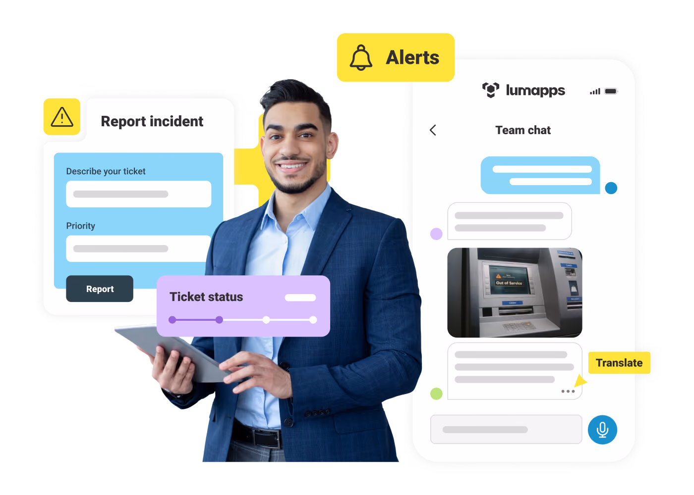 Man holding tablet with incident report form and team chat interface showing alerts and ticket status.