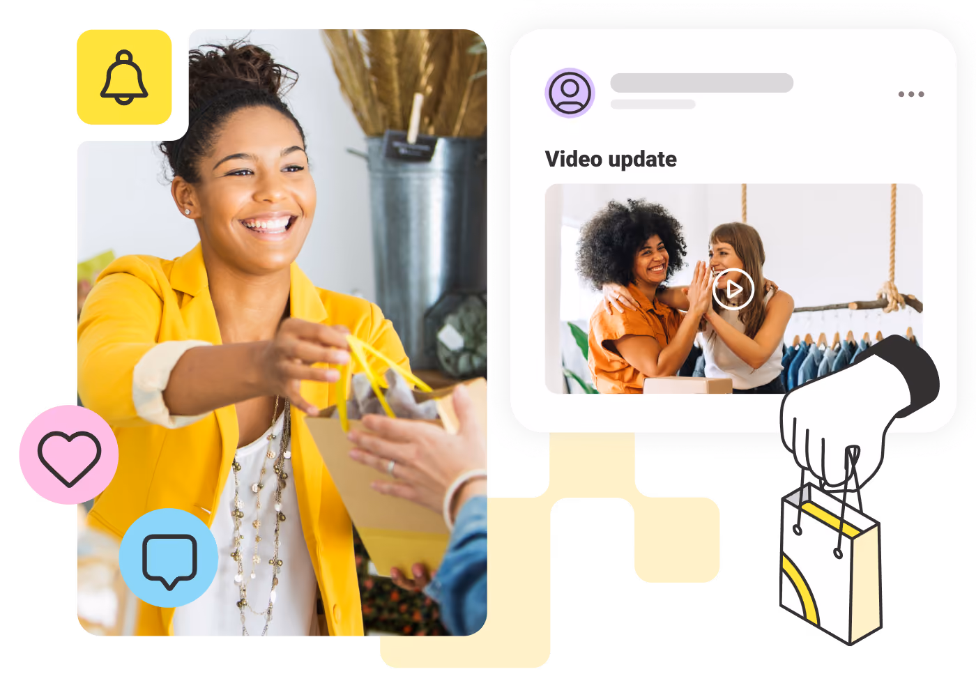 Smiling woman in yellow jacket hands shopping bag, next to video update screenshot with two women high-fiving.