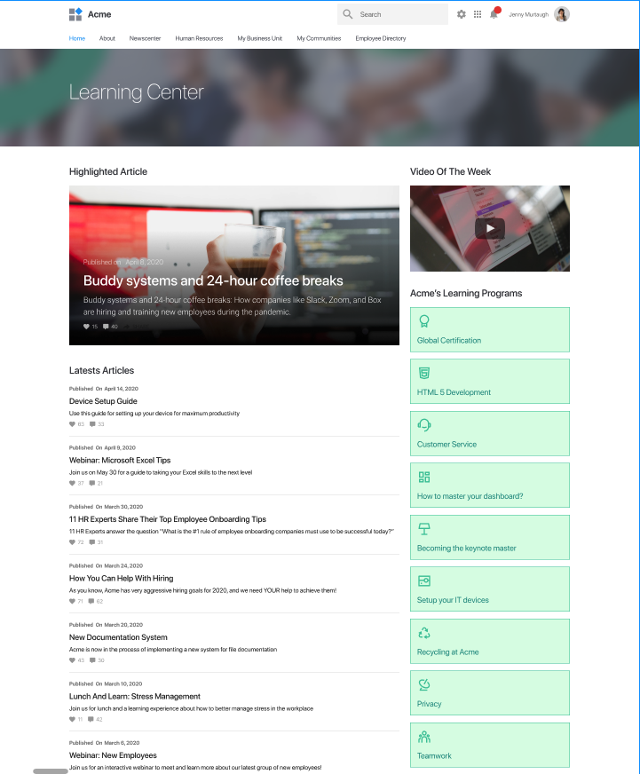 intranet example with a learning center
