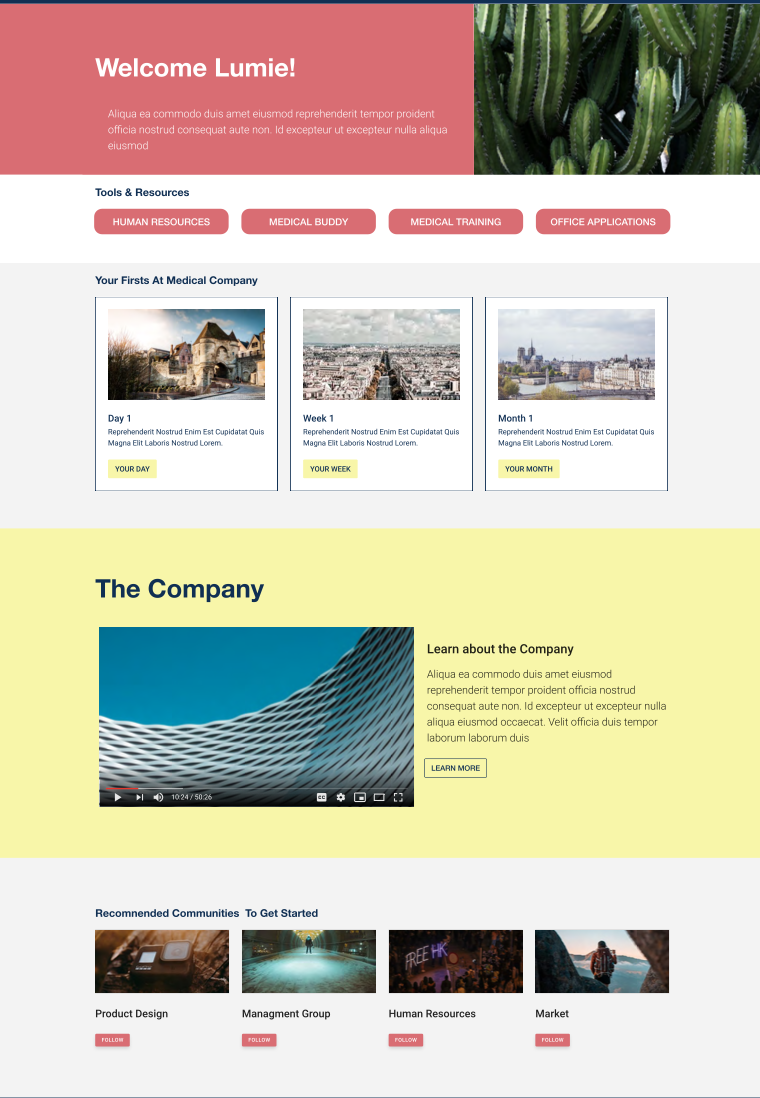screenshot showing welcome new hire page in intranet design