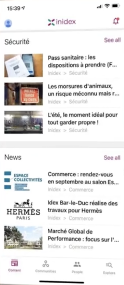 screenshot of news feed in mobile layout for Idex intranet