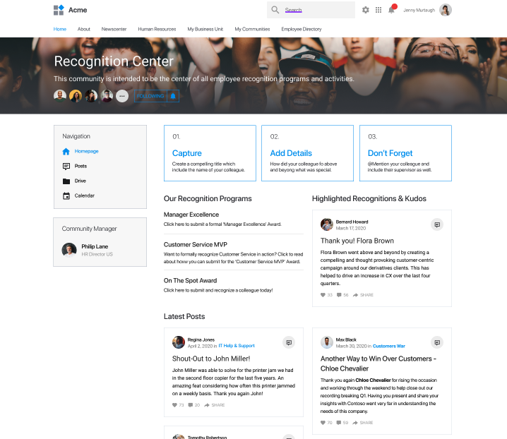 screenshot of an employee recognitions dashboard that you can use to share promotions and good news