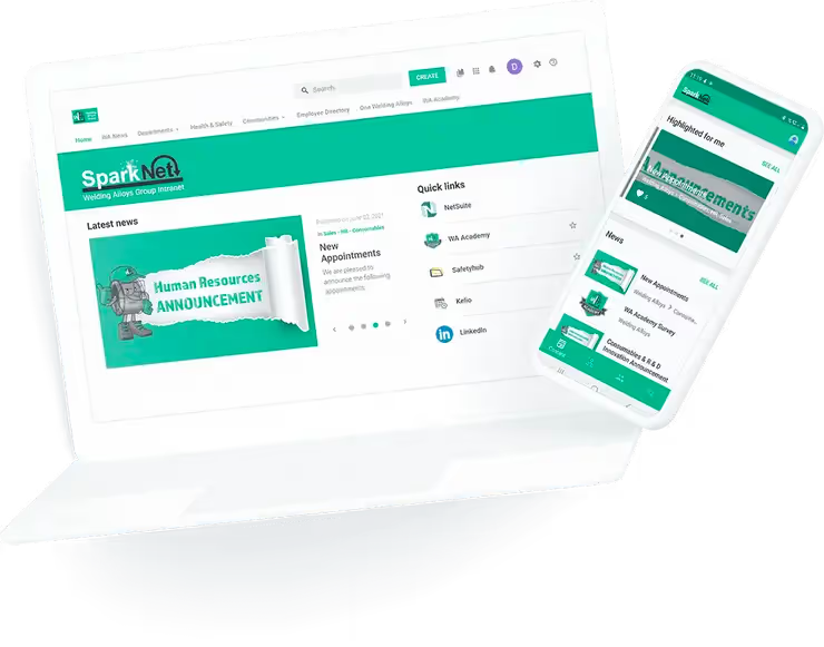 screenshot showing intranet desktop and mobile layout sparknet welding