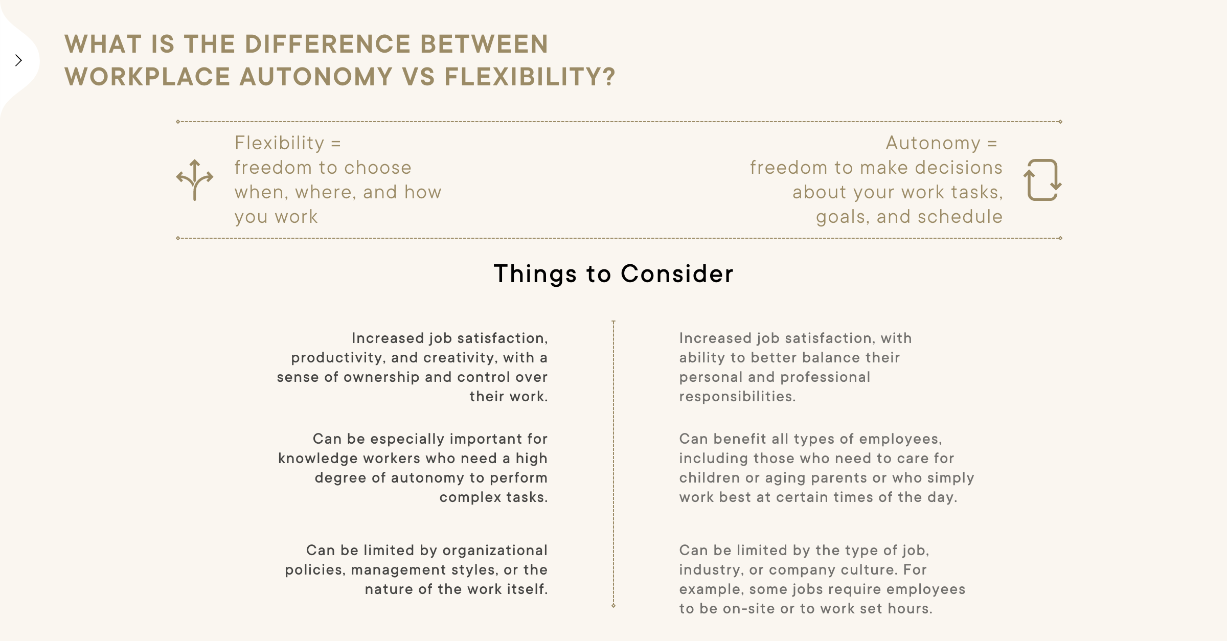 what is the difference between workplace autonomy vs flexibility? Flexibility is the freedom to choose when, where, and how you work. Autonomy is the freedom to make decisions about your work tasks, goals, and schedule.