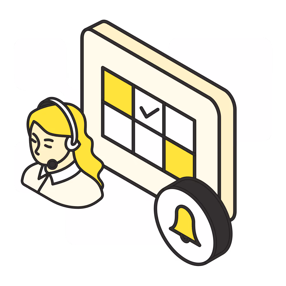 Illustration of a female customer service agent with headset, calendar, and notification bell.