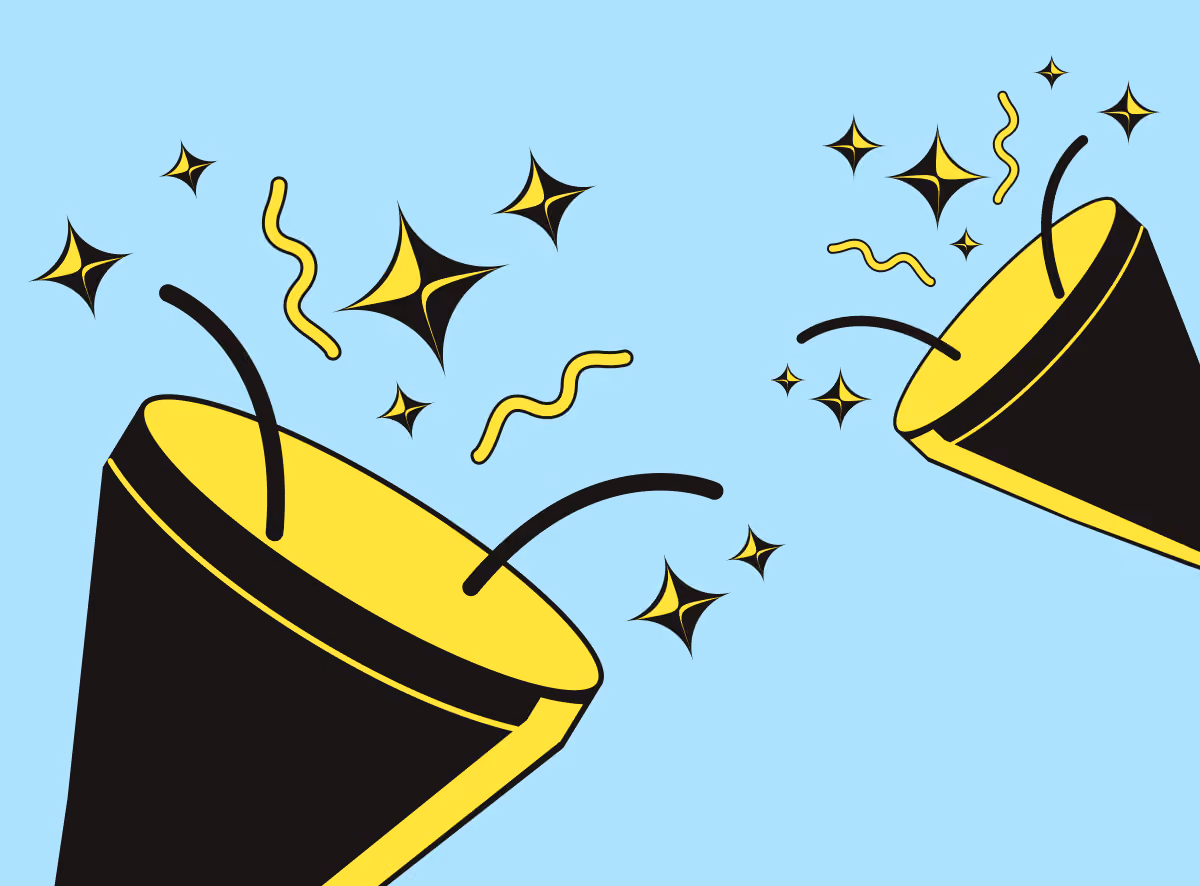 Two cartoon party poppers releasing yellow and black starbursts and streamers on a blue background.