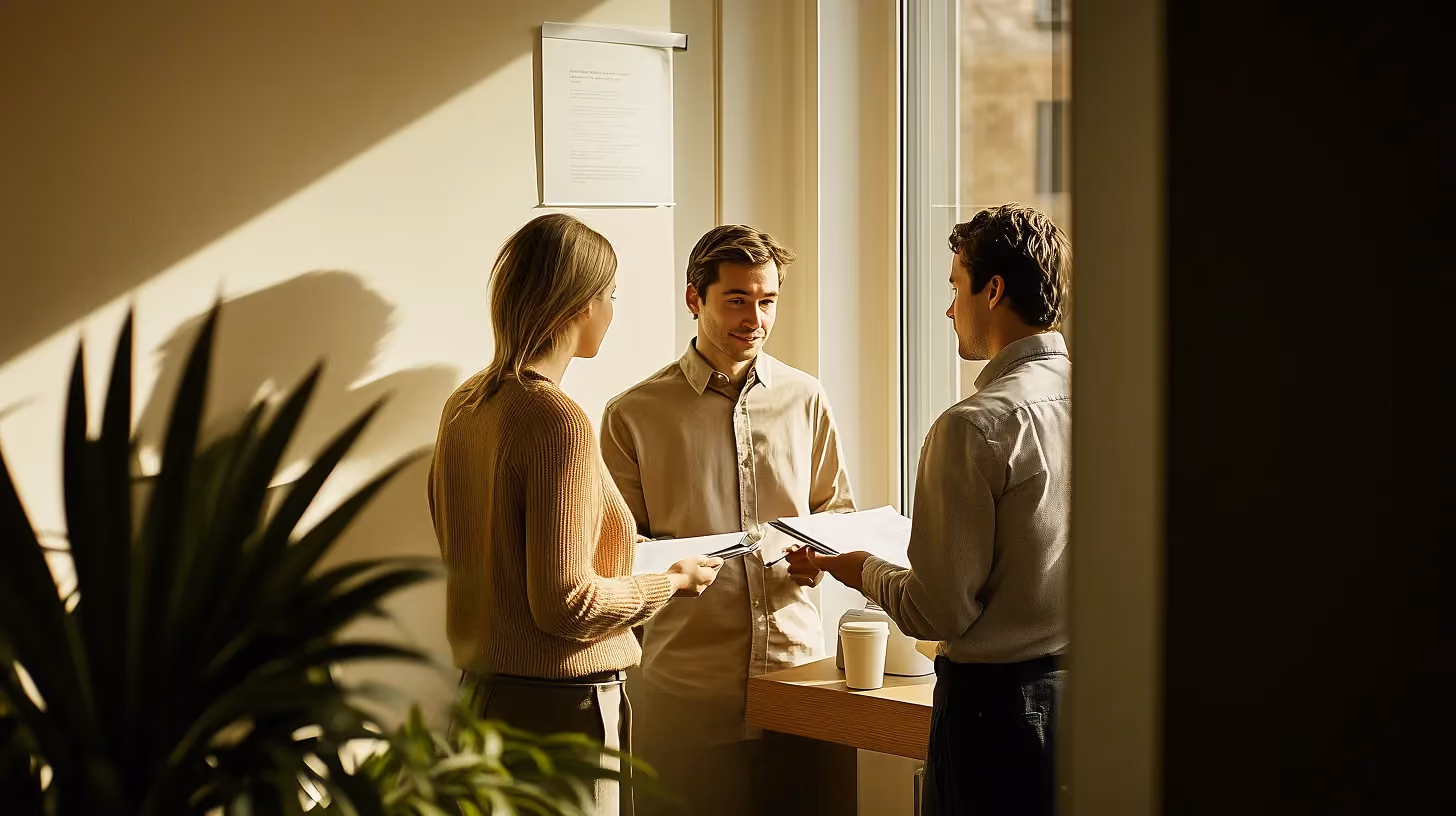 Three young professionals standing by a window discussing documents in a warmly lit room.