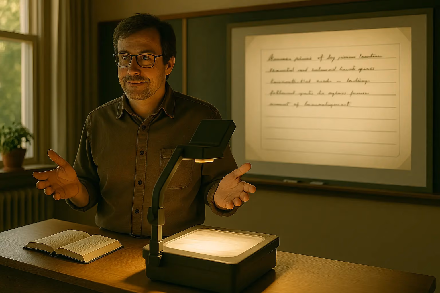 Man with glasses teaching, using overhead projector displaying handwritten text on board.