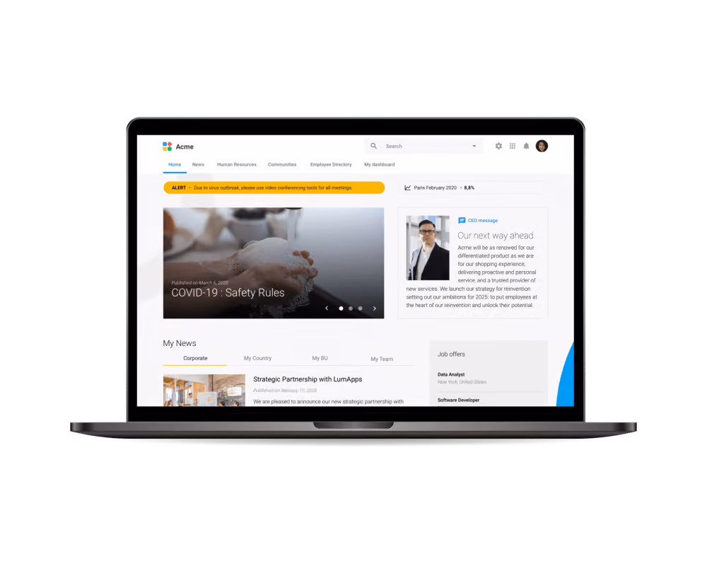 Laptop showing Acme intranet dashboard with COVID-19 safety alert, CEO message, news, and job offers.