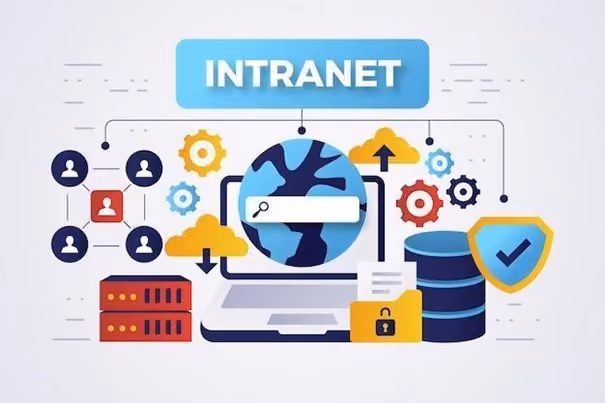 Graphic of laptop with globe, gears, cloud storage, security shield, and user icons under label INTRANET.