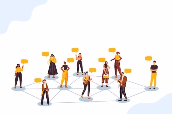 Illustration of diverse people connected by lines with speech bubbles, symbolizing communication.