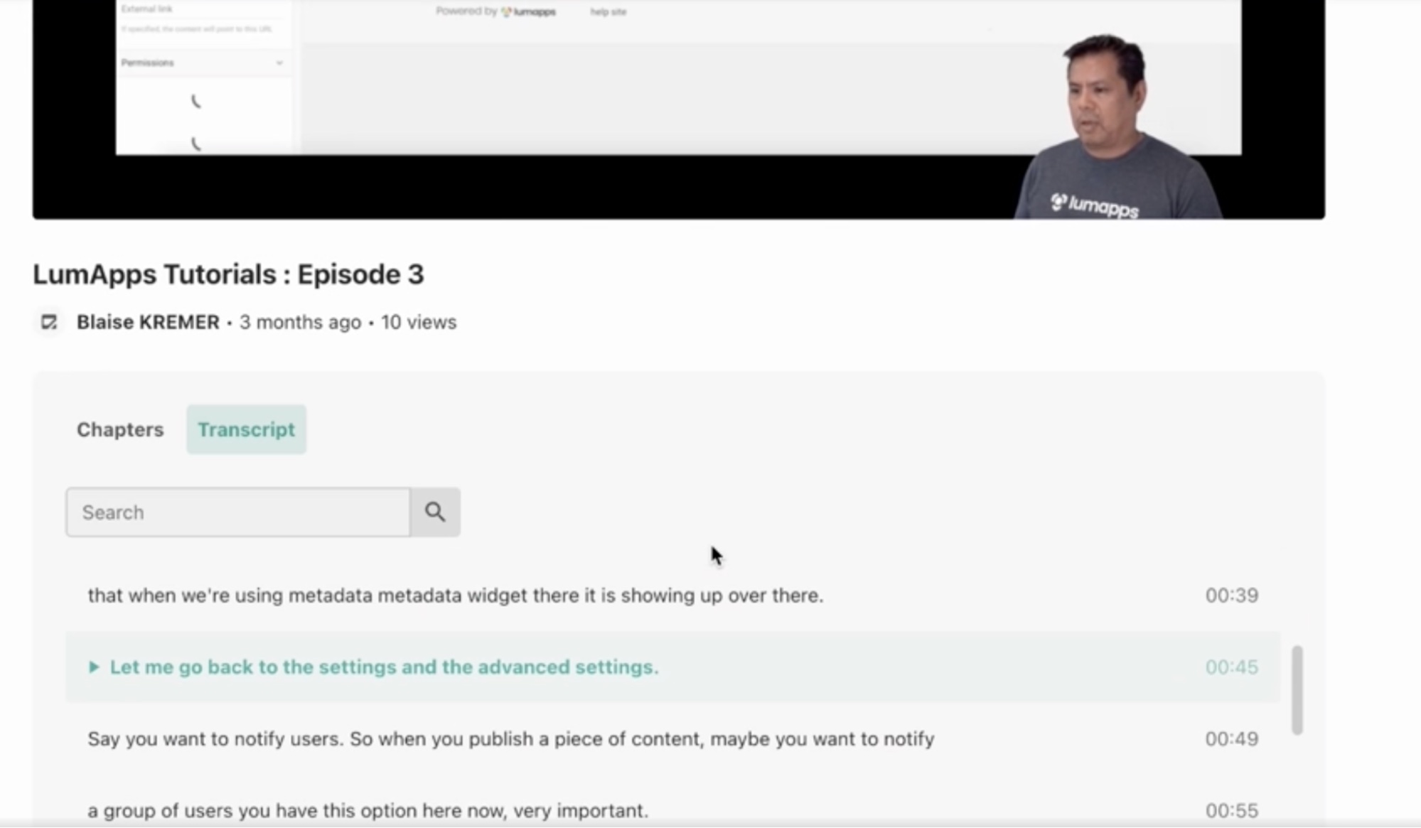 screenshot showing how you can use LumApps Play video search