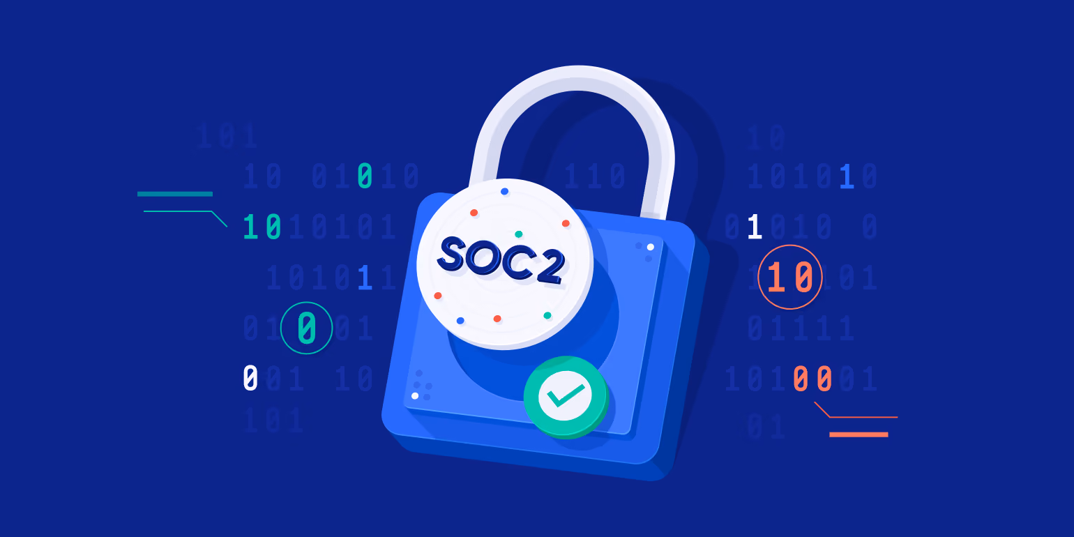Blue padlock with SOC 2 label and a checkmark symbol against a dark background with binary code.