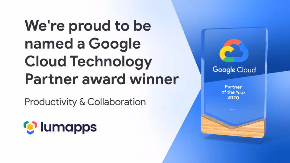 Text announcing LumApps as a 2020 Google Cloud Technology Partner award winner in productivity and collaboration.
