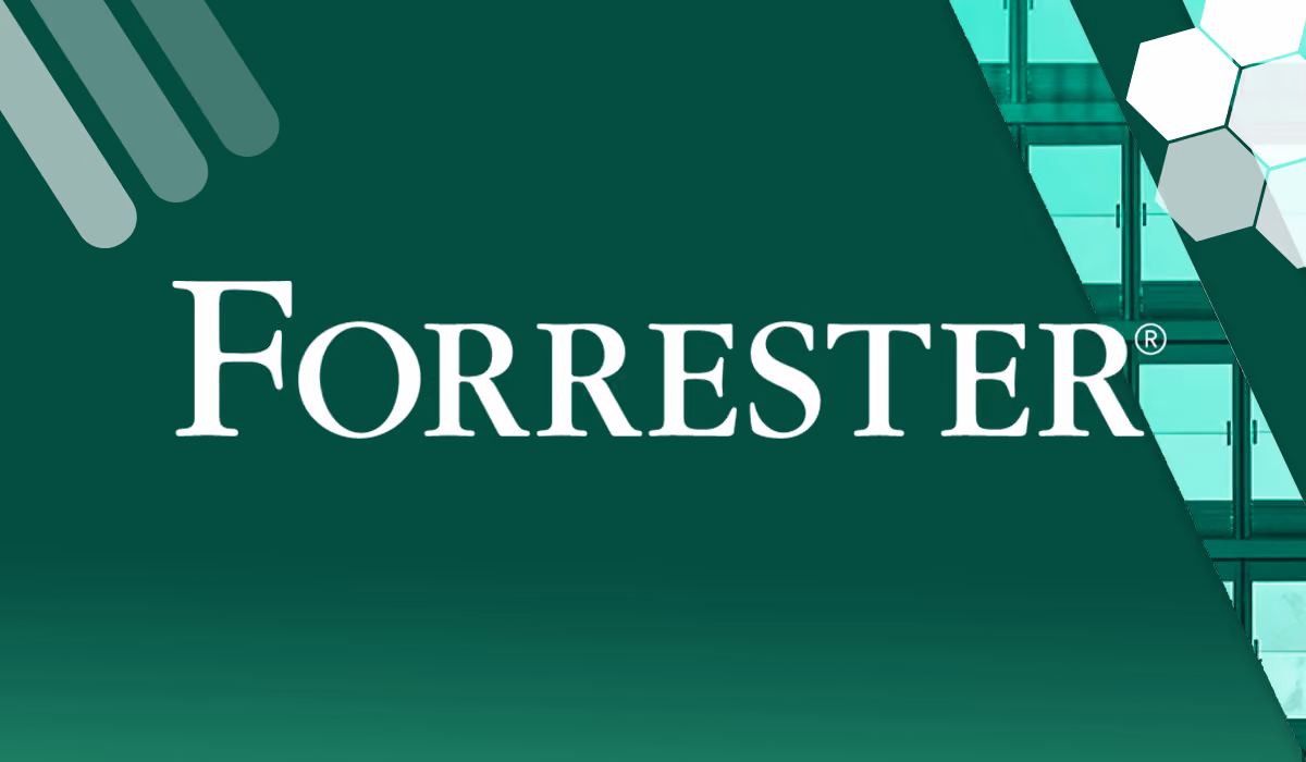 Forrester brand name in white text on a dark green background with abstract shapes.