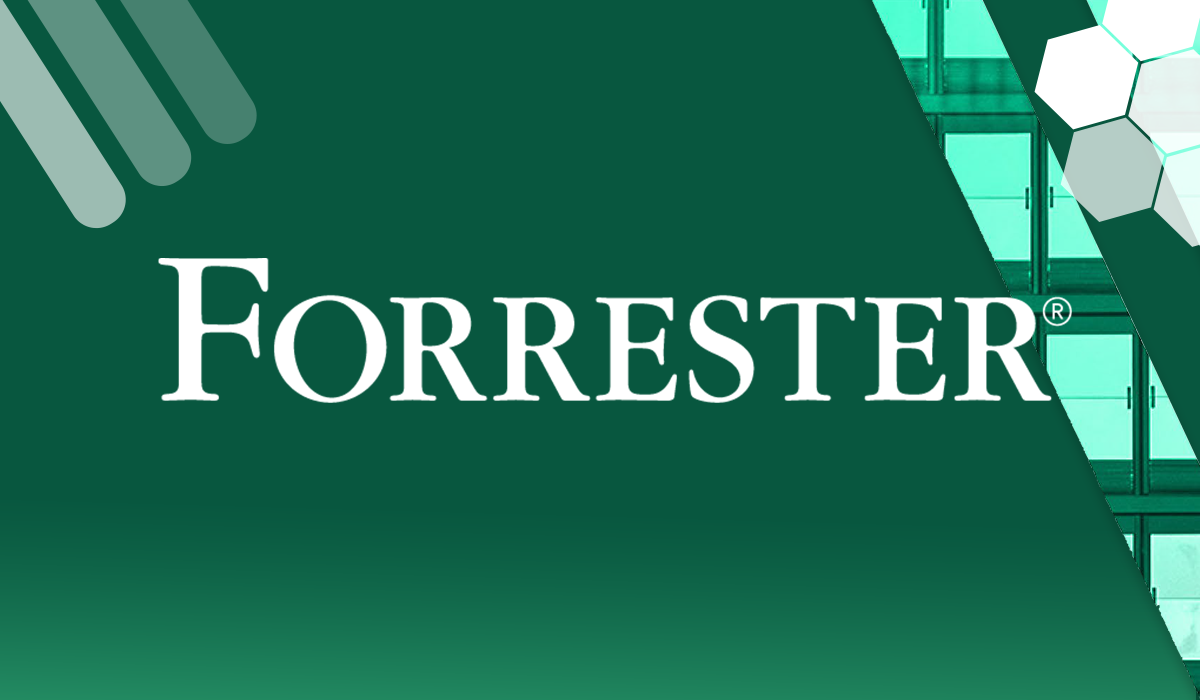 Forrester brand name in white text on a dark green background with abstract shapes.
