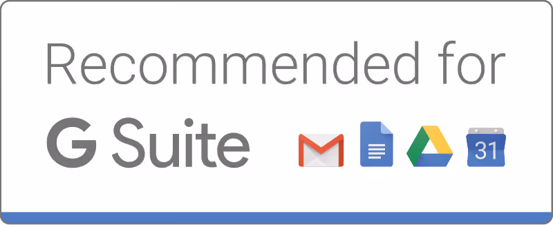 Text 'Recommended for G Suite' with icons for Gmail, Google Docs, Drive, and Calendar.