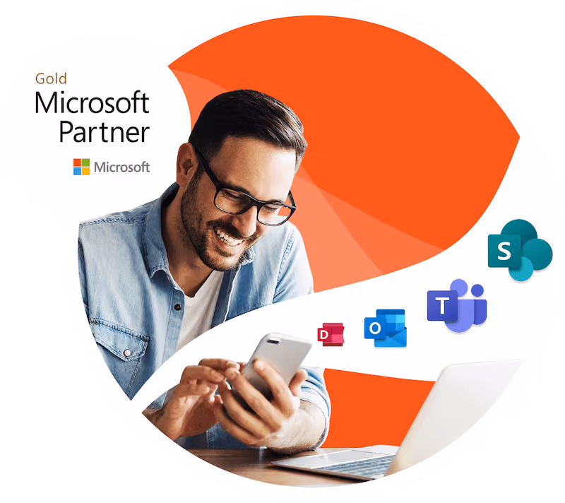 Smiling man with glasses using phone and laptop, Microsoft Partner Gold logo, and Microsoft app icons.