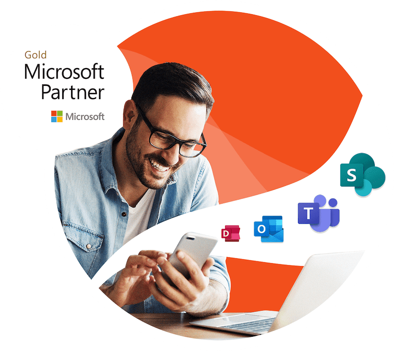 Smiling man with glasses using phone and laptop, Microsoft Partner Gold logo, and Microsoft app icons.