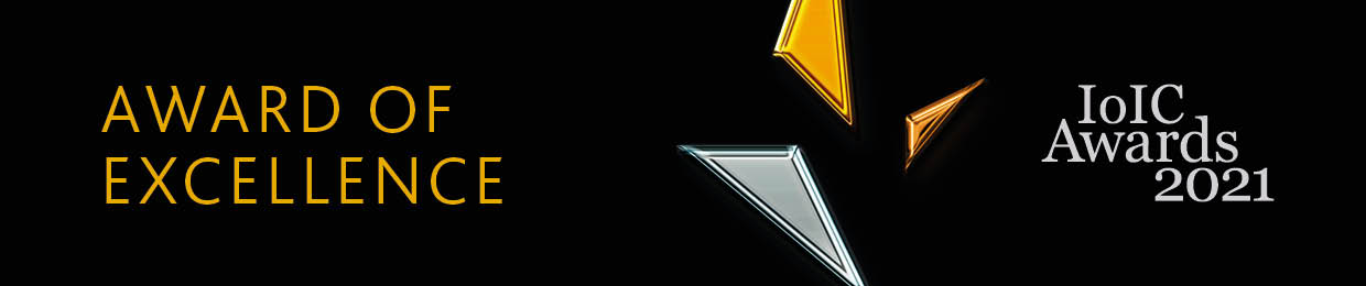 AoE Black banner with gold text 'Award of Excellence' and 'IoIC Awards 2021' with gold and silver geometric shapes.