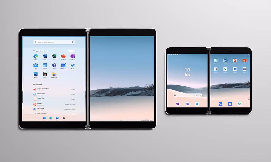 Two dual-screen devices side by side showing desktop and app icons on each screen.