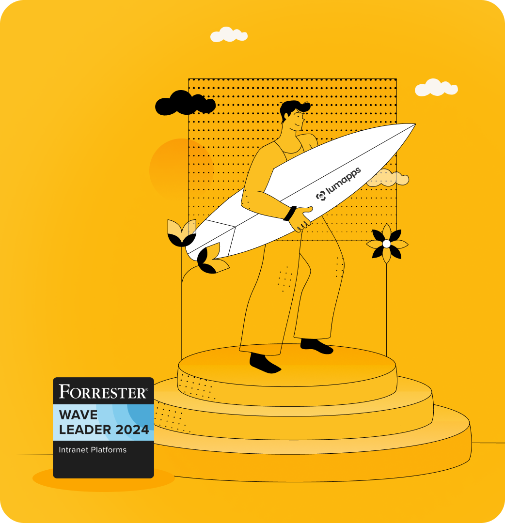 Person holding a surfboard labeled lumapps standing on a gold podium with Forrester Wave Leader 2024 badge.