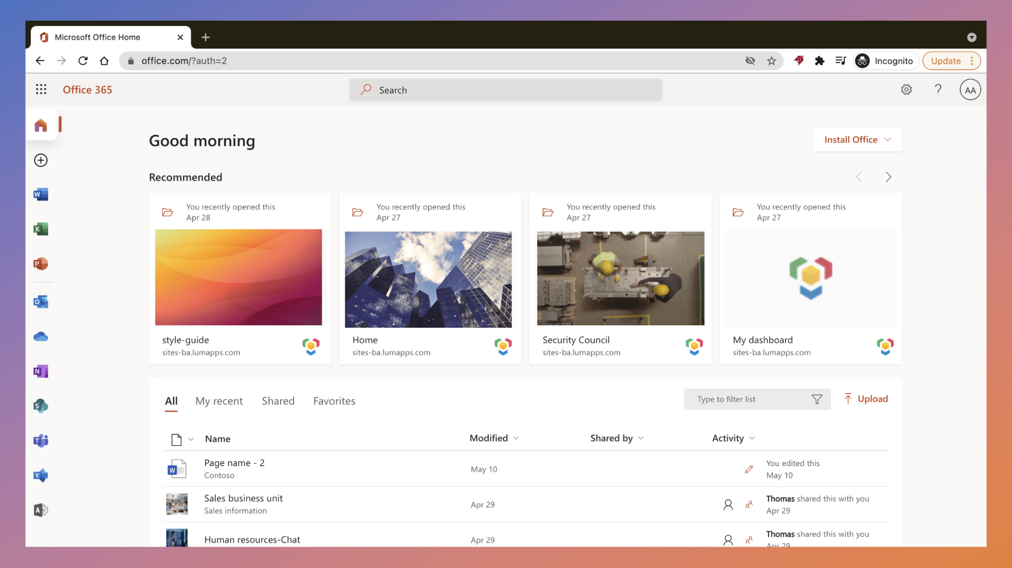 Microsoft Office 365 homepage showing recommended files and a file list with names, dates, and activity.