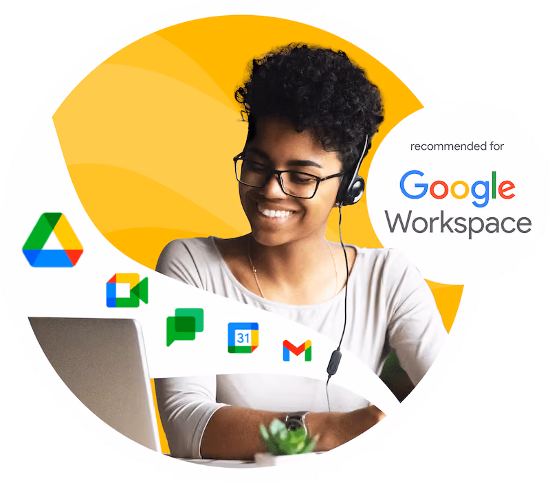 Smiling person with headset using laptop, surrounded by Google Workspace app icons and logo.