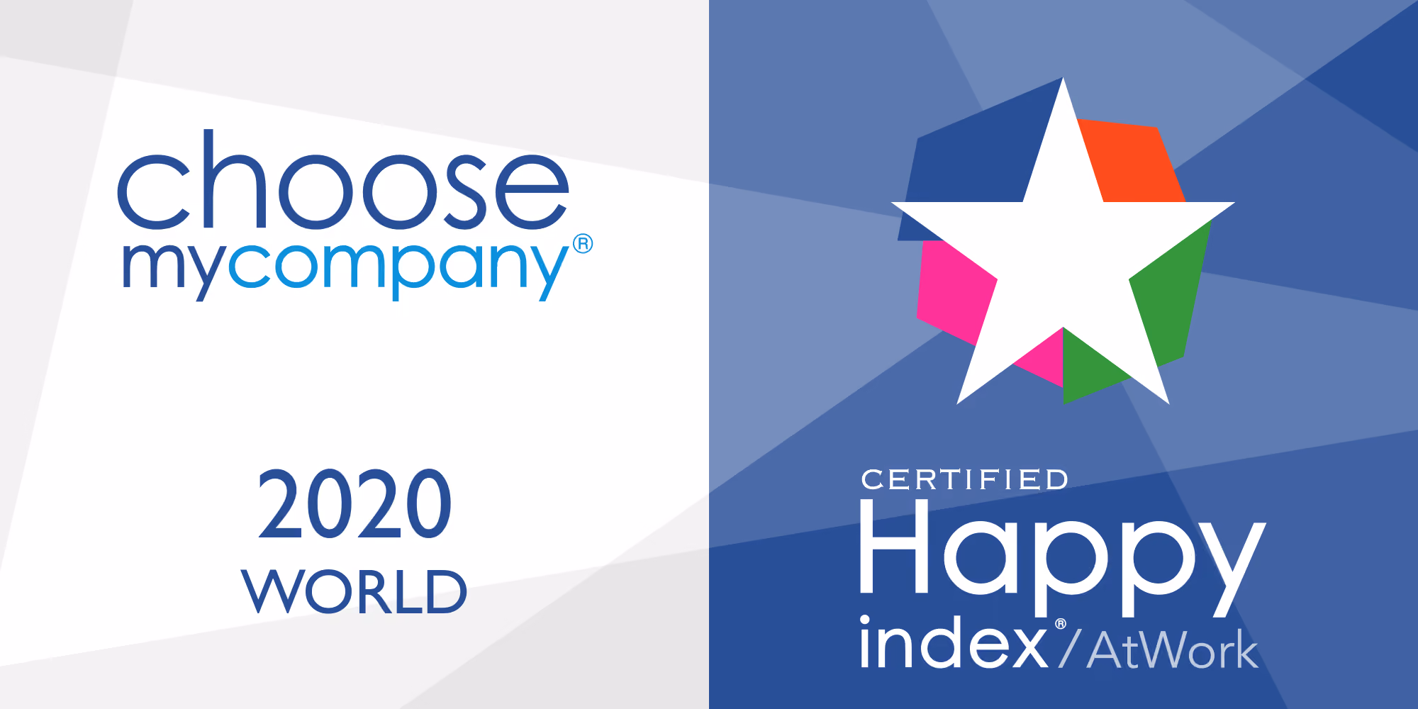 Choose MyCompany 2020 World Certified Happy Index At Work logo with a multi-color star on blue background.