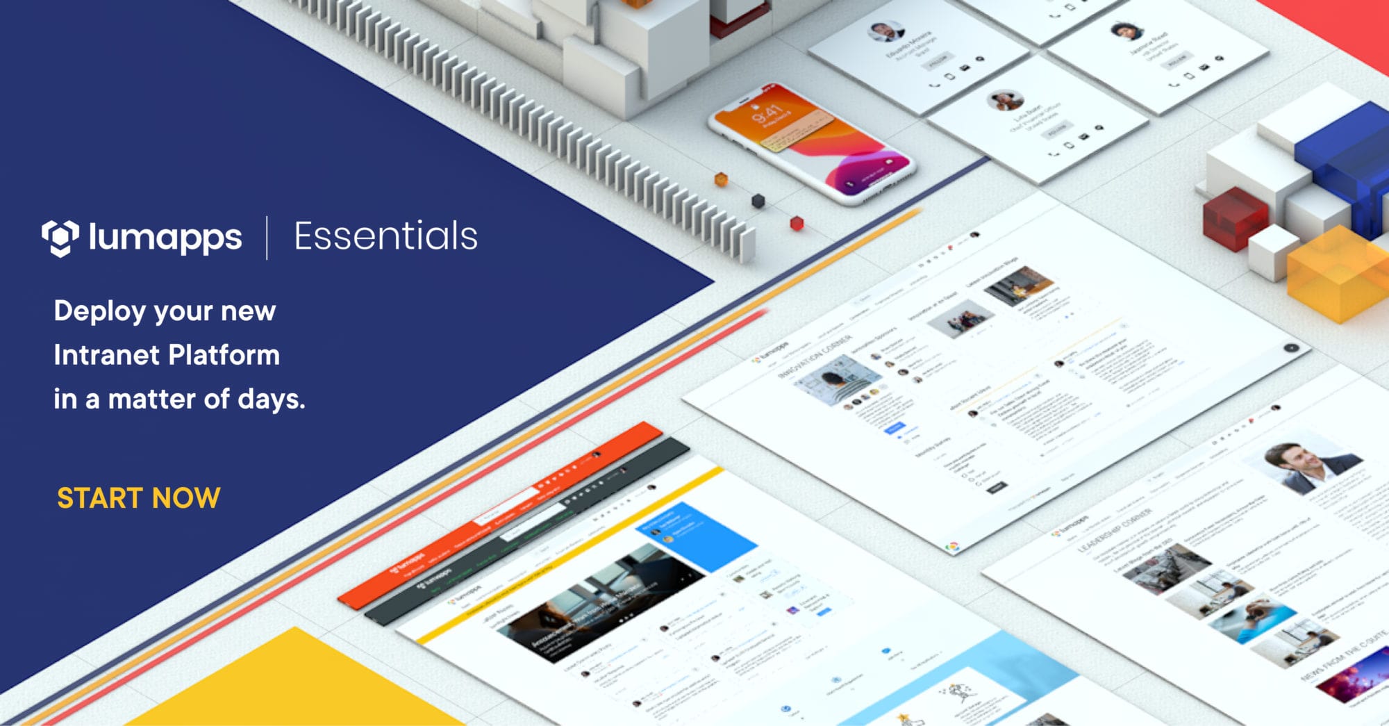 Lumapps Essentials advertisement with screenshots of intranet platform and text to deploy in days.