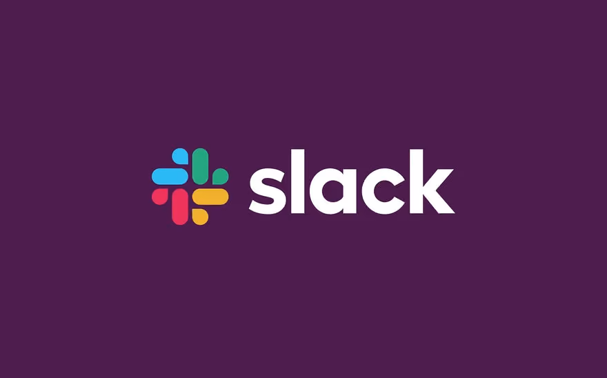 Slack logo with colorful hashtag symbol in blue, green, red, and yellow on purple background.