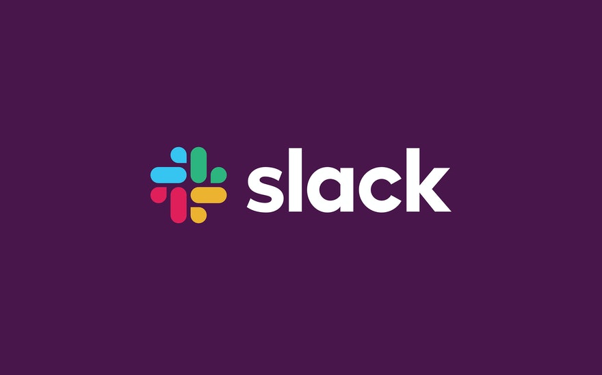 Slack logo with colorful hashtag symbol in blue, green, red, and yellow on purple background.
